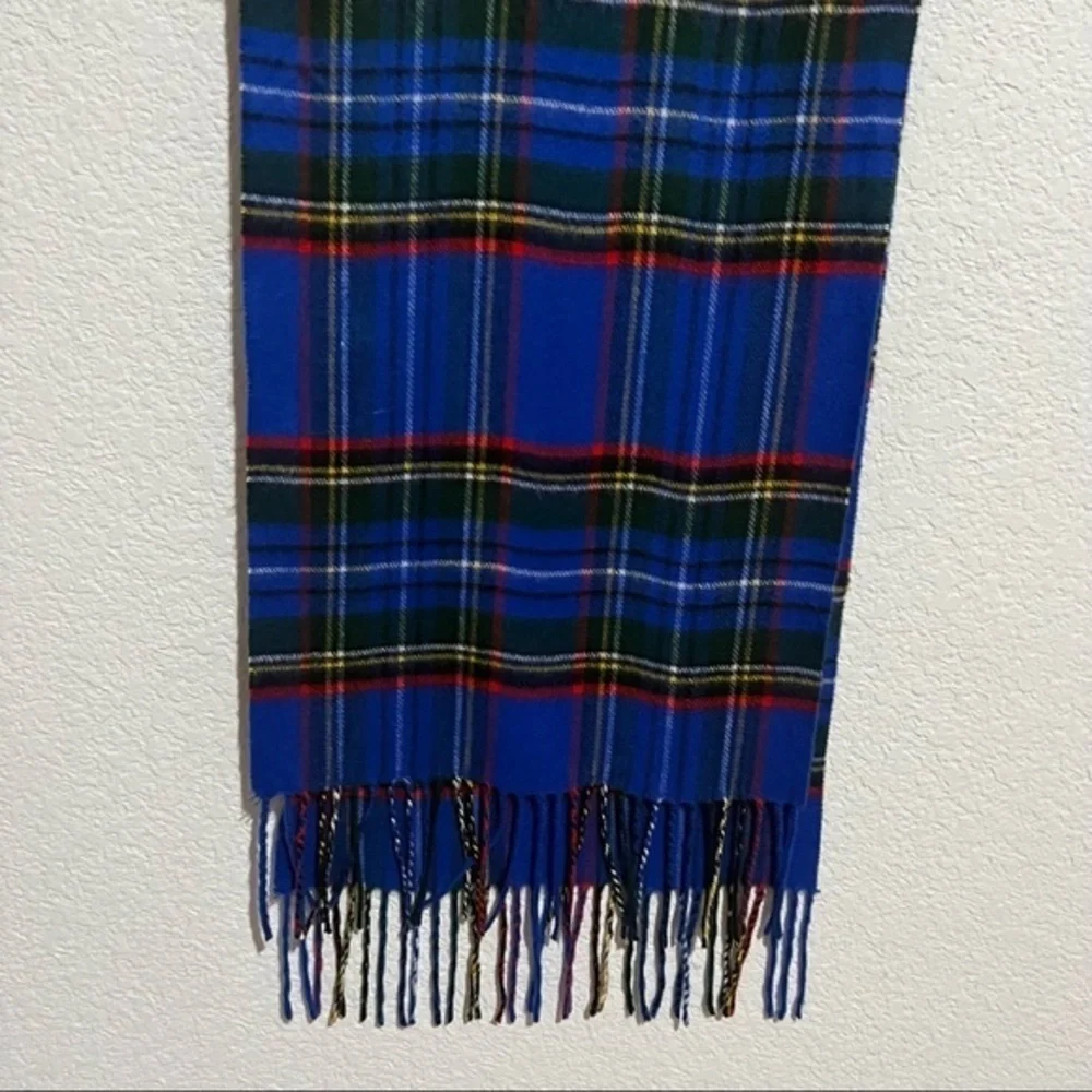 Blue Plaid Tartan Fleece Scarf Extra Long Tassels Fringe Unisex